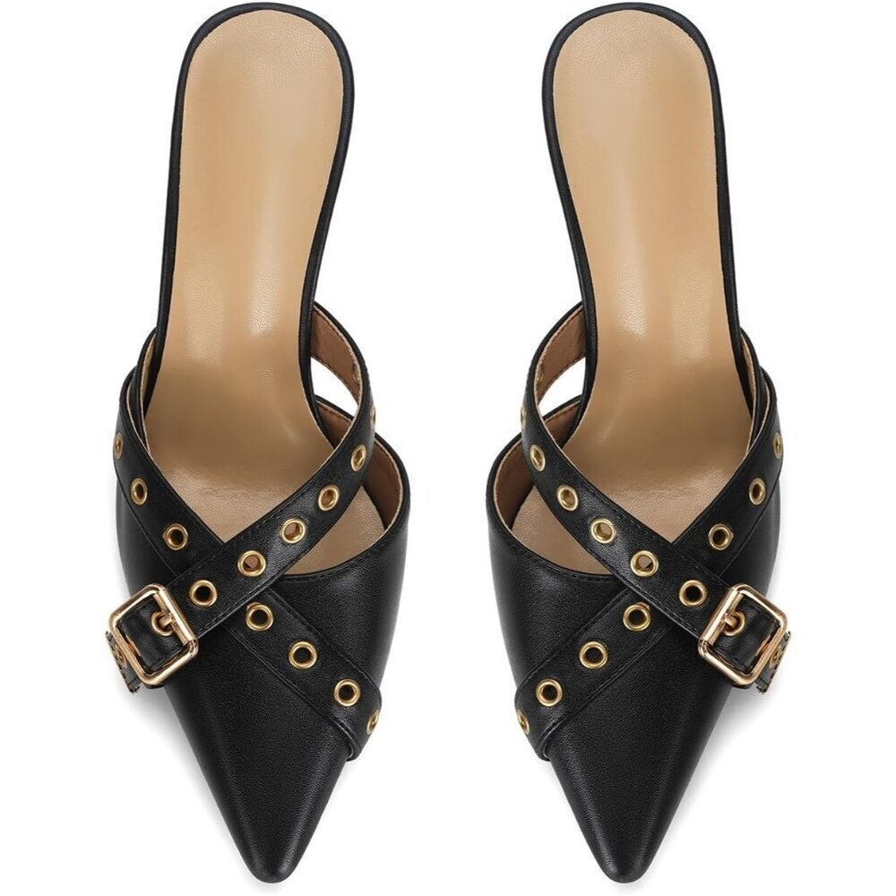 Women's Black Faux Leather Pointed Closed Toe Kitten Bow Stiletto Pumps Heels - Picture 4 of 6